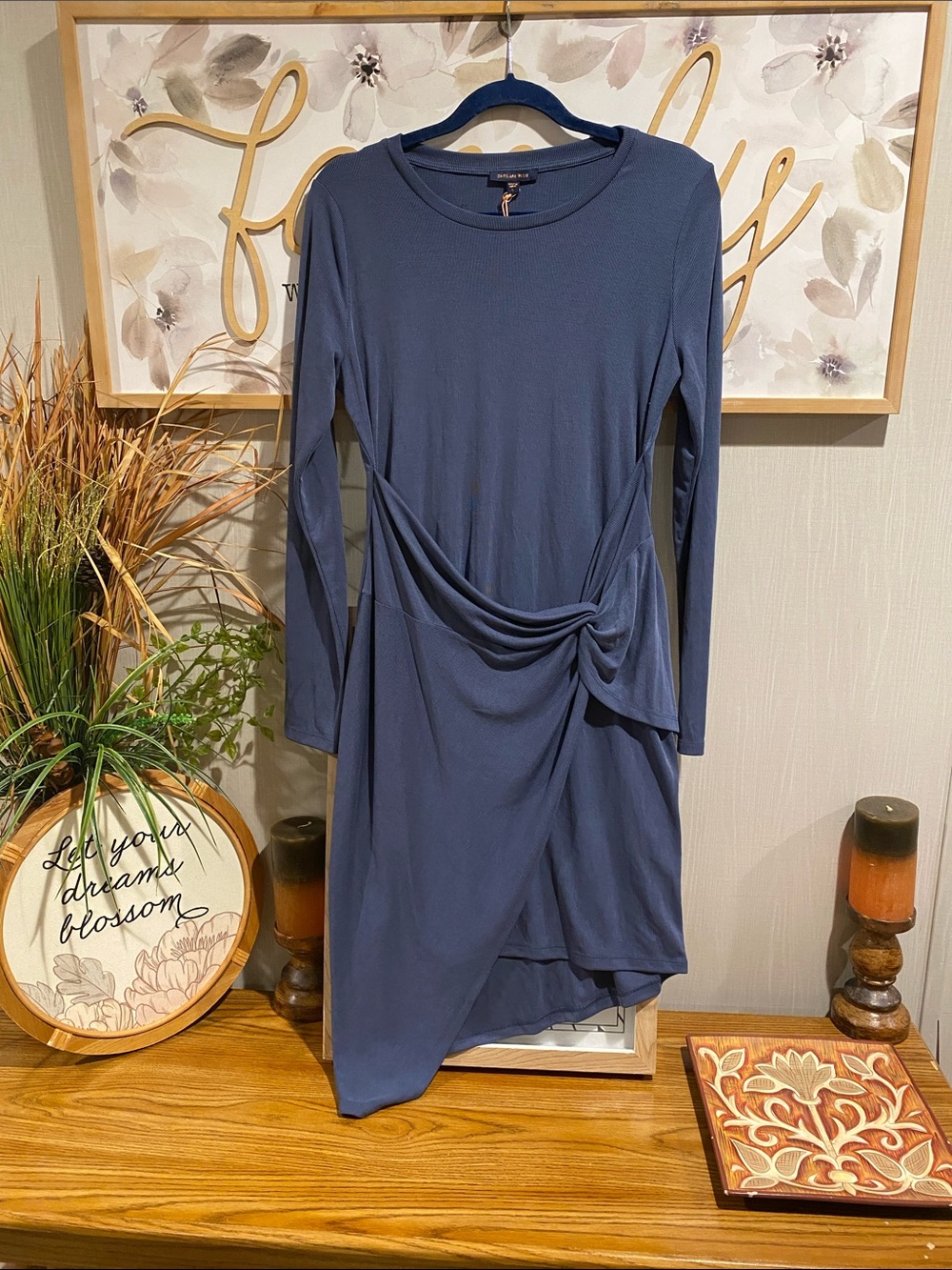 Skies Are Blue Long-Sleeve Twist Front Dress in Slate Blue